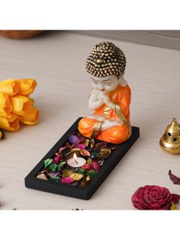 eCraftIndia - Praying Monk Showpiece with Rectangle Base Plate, Fragranced Petals & Tealight