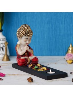 eCraftIndia - Praying Monk Showpiece with Rectangle Base, Fragranced Petals & Tealight