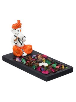 eCraftIndia - Ganesha Playing Flute Showpiece with wooden Base, Fragranced Petals & Tealight