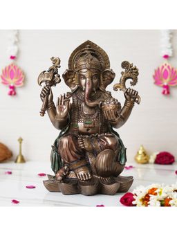 eCraftIndia - Handcrafted Bronze Chaturbhuj Lord Ganesha Idol Sitting On Lotus Flower Statue