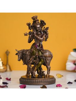 eCraftIndia - Cold Cast Bronze Resin Krishna Playing Flute with Cow Statue