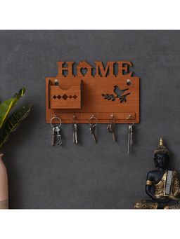 eCraftIndia - Home & Birds Sitting On Branch Carved 5 Hooks Key Holder with Mobile Holder