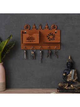 eCraftIndia - Om, Meditating Poses Decorative Carved 5 Hooks Key Holder & Mobile Holder