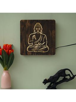 eCraftIndia - Dark Brown Blessing Lord Buddha Carved Decorative Wooden Wall Lamp