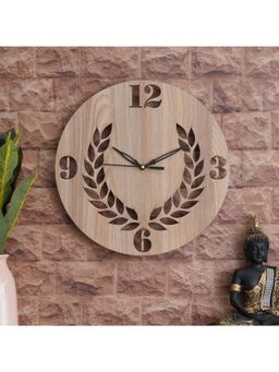 eCraftIndia - Light Brown Round Shape Half Floral Designer Wooden Wall Clock