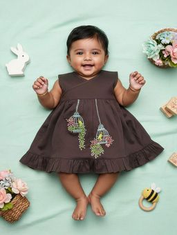 Keebee Organics - Cotton Floral Embroidered Brown Dress