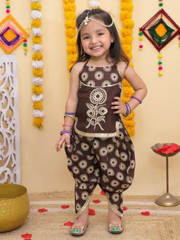 Titrit - Cotton Halter Neck Printed Kurti And Dhoti-Brown