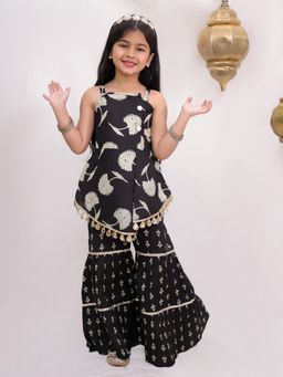 Titrit - Cotton Sleeveless Printed Kurti And Sharara-Black
