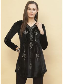 Lakshita - Charcoal Black Embroidered Velvet Top With Sequins
