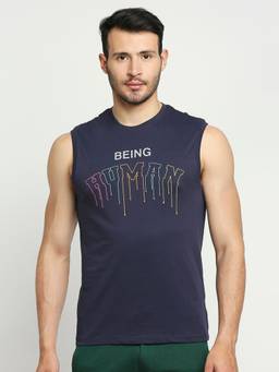 Being Human - Men Printed Navy Blue Sleeveless T-Shirt