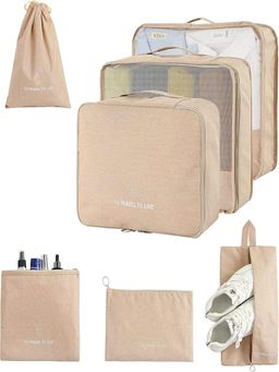 House of Quirk - Set of 7 Packing Cubes For Travel Luggage Organizers With Laundry Bag - Khaki