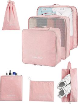 House of Quirk - Set of 7 Packing Cubes For Travel Luggage Organizers With Laundry Bag - Pink