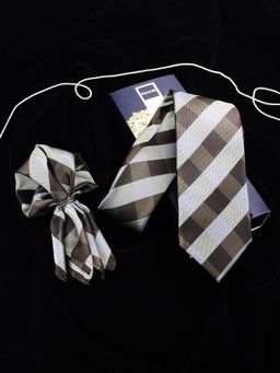 PELUCHE - Sassy Checkered Brown Neck Tie & Pocket Square Set for Men