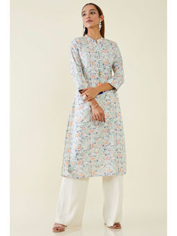 Soch - Women Grey Linen Printed Kurta
