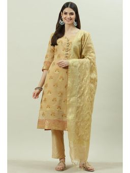 Biba - Gold Cotton Silk Unstitched Suit (Set of 3)