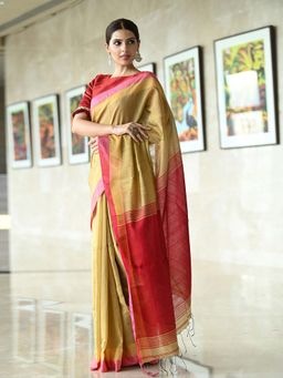 Beatitude - Yellow Shade Handwoven Cotton Blended Pink Border Saree with Unstitched