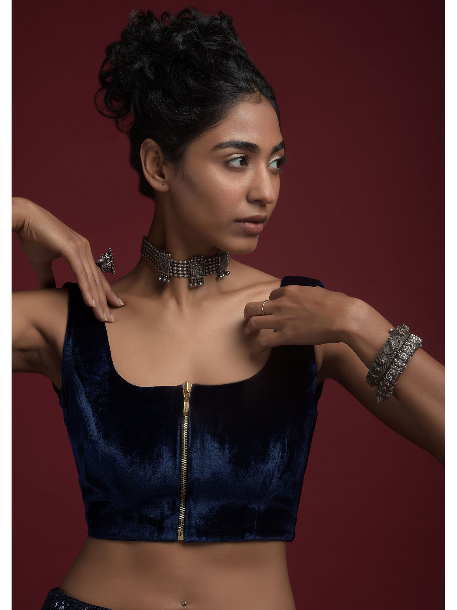Buy KALKI FASHION Space Blue Blouse in Velvet with Front Zip Opening Online