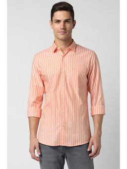 Peter England - Men Peach Slim Fit Stripe Full Sleeves Casual Shirt