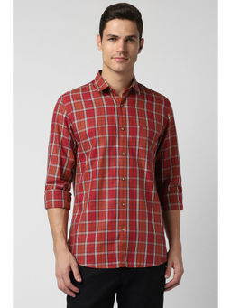 Peter England - Men Red Slim Fit Check Full Sleeves Casual Shirt