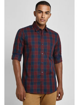 Peter England - Men Navy Slim Fit Check Full Sleeves Casual Shirt