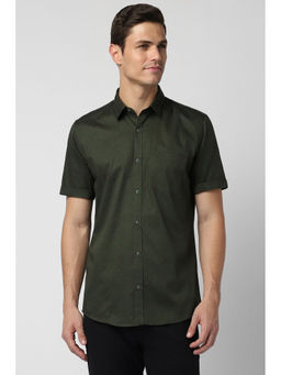 Peter England - Men Olive Slim Fit Solid Half Sleeves Casual Shirt