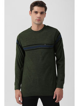 Peter England - Men Olive Textured Crew Neck Sweater