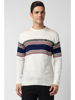 Peter England - Men White Stripe Crew Neck Sweater