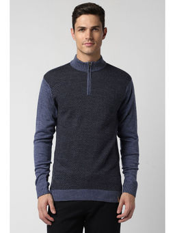 Peter England - Men Blue Textured High Neck Sweater