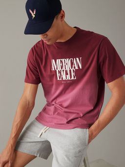 American Eagle - Men Red Super Soft Dip-Dye Logo Graphic T-Shirt