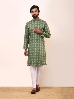 SATWAA - Mehendi Green Printed Men Kurta