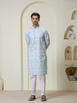 SATWAA - Blue Square Pattern Printed Men Kurta