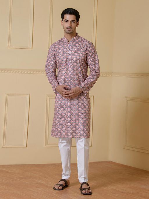SATWAA Pink Motifs Blue Printed Men Kurta