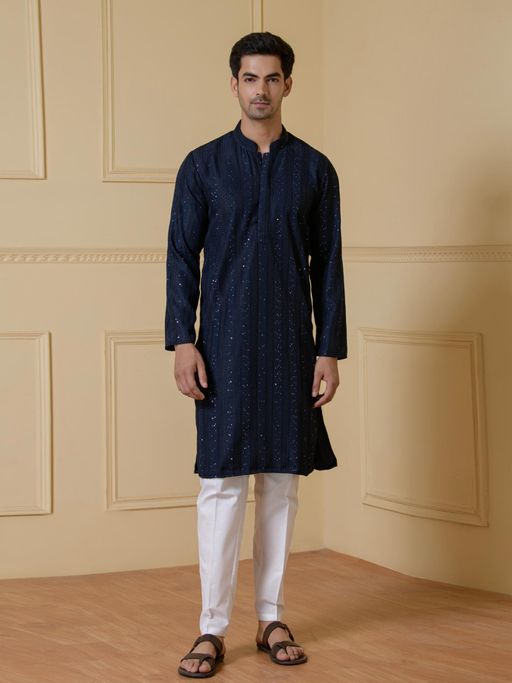 SATWAA Royal Blue Sequined Men Kurta