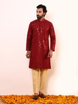SATWAA - Deep Red Embellished Men Kurta