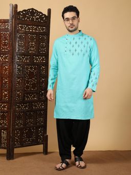 KUONS AVENUE - Men Blue Cotton Solid Kurta