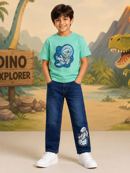 KiddoPanti - Boys Cotton Astro Dino Space Explorer Graphic T-Shirt with Denim Jeans