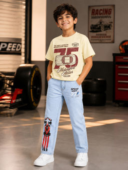 KiddoPanti - Boys Cotton Motorsport Atelier Graphic T-Shirt with Denim Jeans