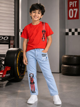 KiddoPanti - Boys Cotton Racing Car Graphic T-Shirt with Denim Jeans