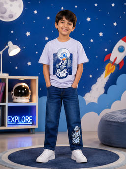 KiddoPanti - Boys Cotton Astronaut On Asteroid Graphic T-Shirt with Denim Jeans