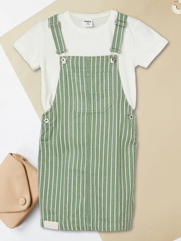 max - Girls Striped Dungaree Dress With Top