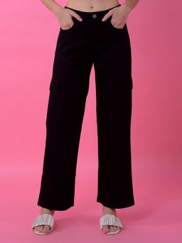 CRIMSOUNE CLUB - Womens Edgy Black Wide Leg Cargo Jeans