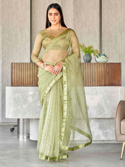 Tikhi Imli - Green Embroidered Organza Saree with Sequinned Work with Unstitched Blouse