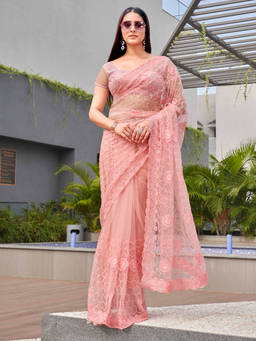 Tikhi Imli - Peach Embroidered Net Saree with Unstitched Blouse