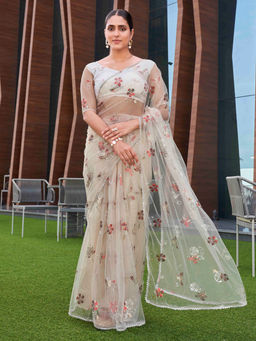 Tikhi Imli - Beige Embellished Net Saree with Unstitched Blouse