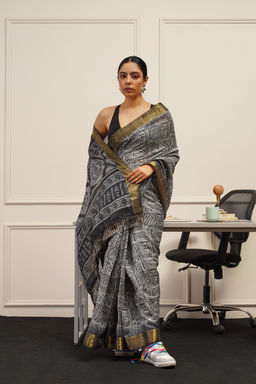 Tikhi Imli - Ready To Wear Grey Polycotton Handloom Saree with Unstitched Blouse