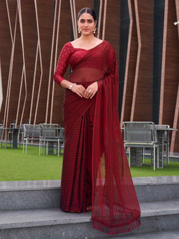Tikhi Imli - Ready To Wear Maroon Striped Polyester Saree with Unstitched Blouse