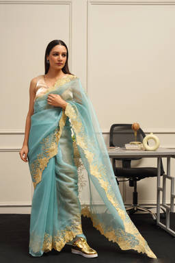 Tikhi Imli - Blue Colored Organza Embroidered Saree with Unstitched Blouse