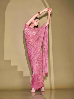 Tikhi Imli - Pink Lycra Foil Saree with Unstitched Blouse