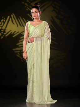 Tikhi Imli - Green Poly Chiffon Striped Saree with Unstitched Blouse