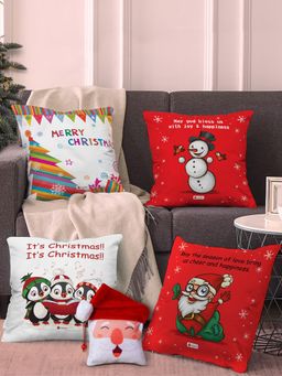 Indigifts - Christmas Characters Cushion Covers for House - Set of 4 and Reversible Santa Soft Toy